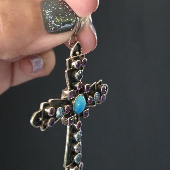 Nicky Butler 925 Sterling Silver Cross Necklace Pendant Turquoise Topaz Vintage - Picture 13 of 16